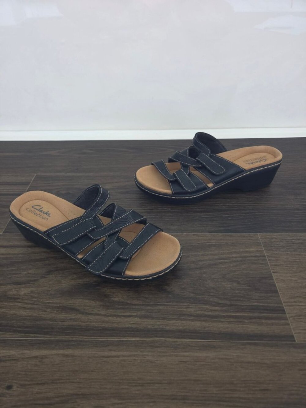💙 Clarks Collection Black Adjustable Strappy Wedge Sandals Size 7 Ultimate